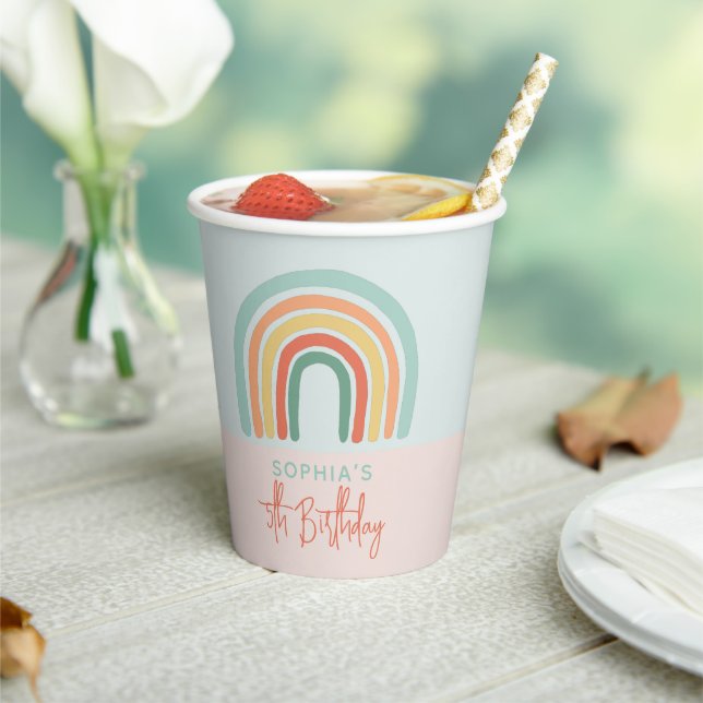 Girls Cute Pink Boho Rainbow Kids Birthday Paper Cups (Insitu)