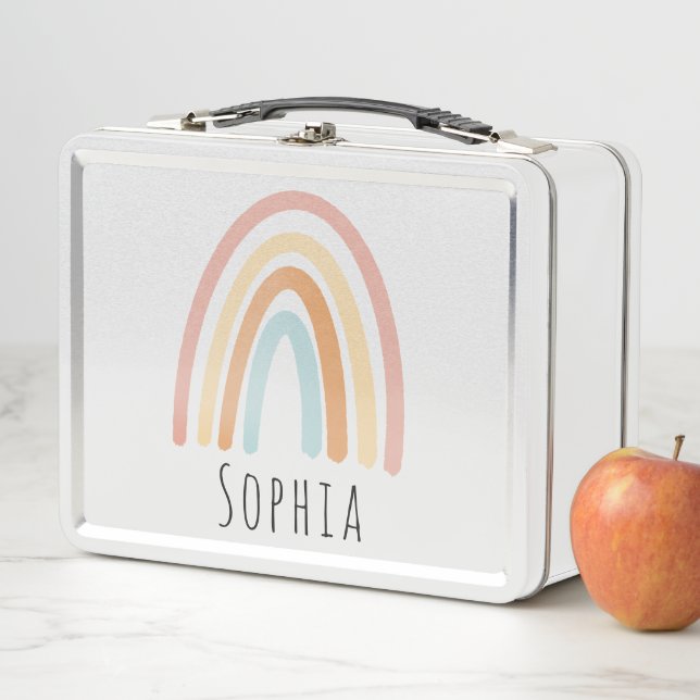 Girls Cute Pink Boho Rainbow Kids Personalised Metal Lunch Box (In Situ)