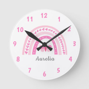 Girls Cute Pink Boho Rainbow & Name Kids Round Clock