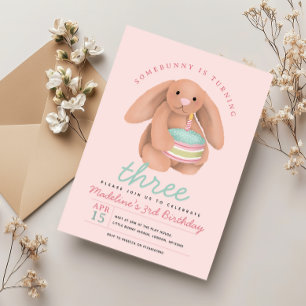 Girls Cute Pink Bunny Cake Birthday  Invitation