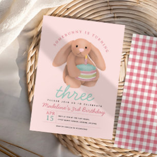 Girls Cute Pink Bunny Cake Birthday  Invitation