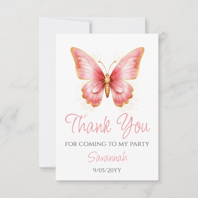 Girls Cute Pink Butterfly 1st Birthday Party Thank You Card (Front)
