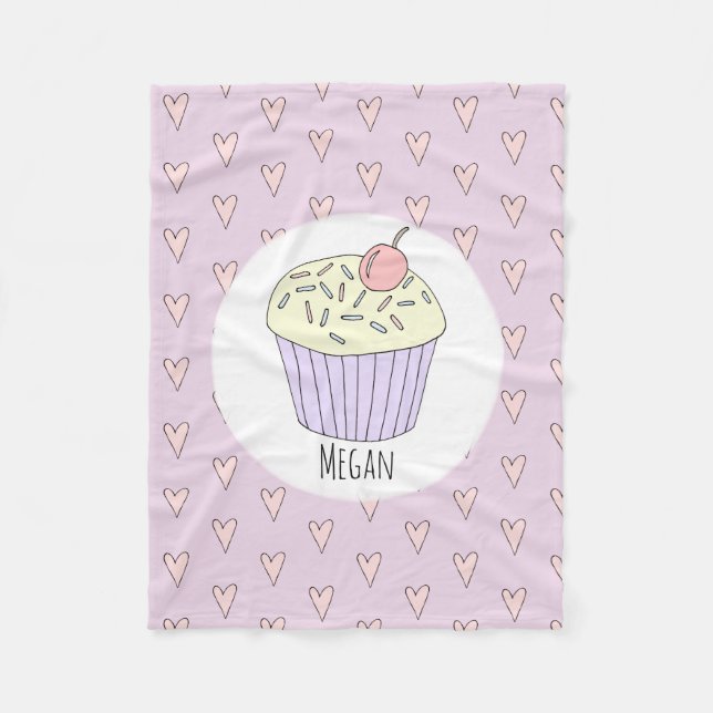 Girls Cute Pink Cupcake Muffin & Name Kids Fleece Blanket (Front)
