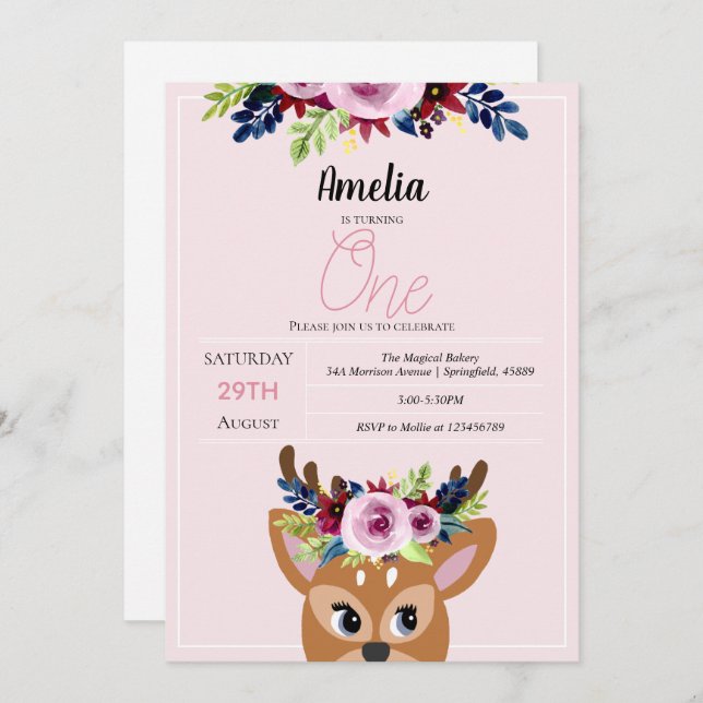 Girls Cute Pink Deer Floral 1st Birthday Flowers Invitation (Front/Back)