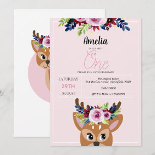 Girls Cute Pink Deer Floral 1st Birthday Flowers Invitation