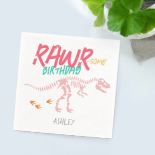 Girls Cute Pink Dinosaur Dig Kids Birthday Napkin