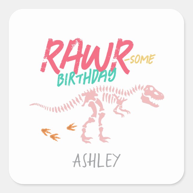 Girls Cute Pink Dinosaur Kids Birthday Favour Square Sticker (Front)