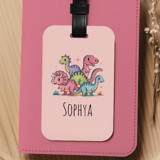 Girls Cute Pink Dinosaur Kids Luggage Tag (Creator Uploaded)