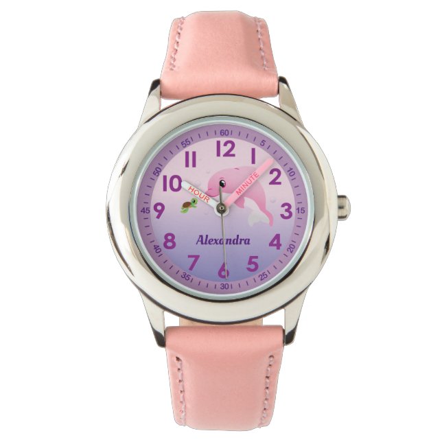 Girls Cute Pink Dolphin Cartoon Custom Name Watch (Front)