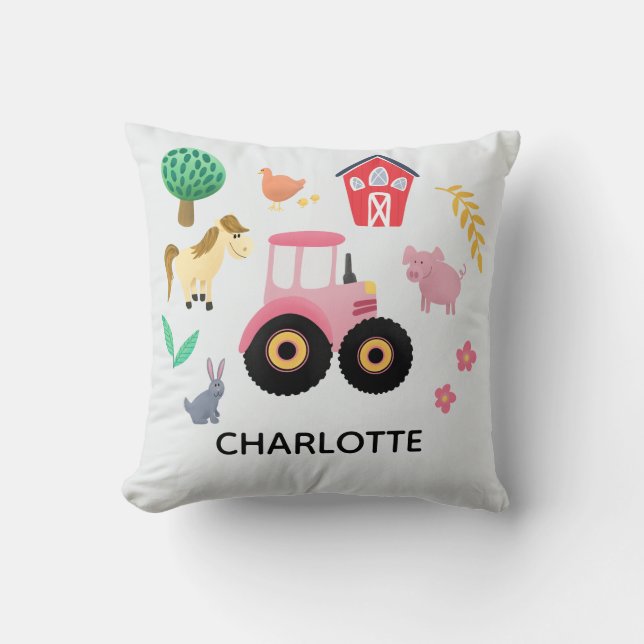 Girls Cute Pink Farm Animal Tractor Kids Nursery Cushion (Front)