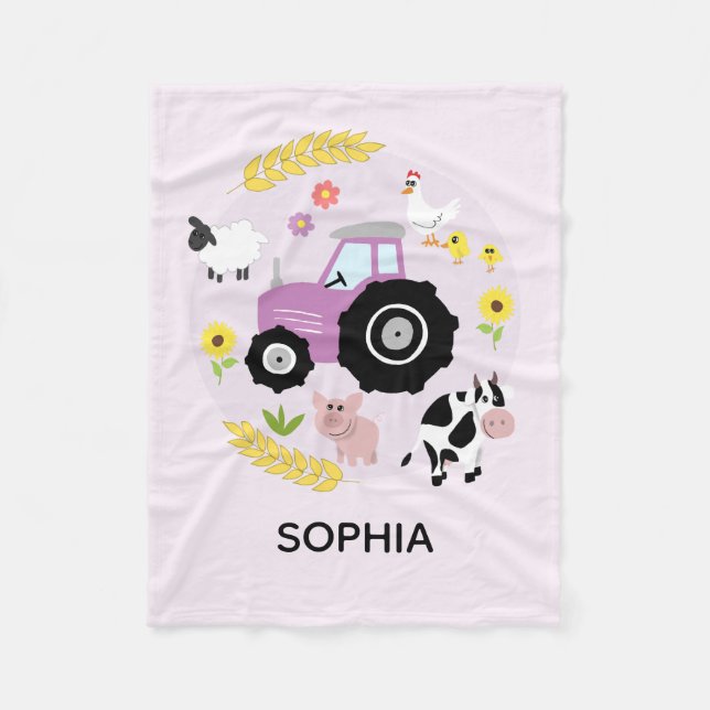 Girls Cute Pink Farm Animals Tractor & Name Kids Fleece Blanket (Front)