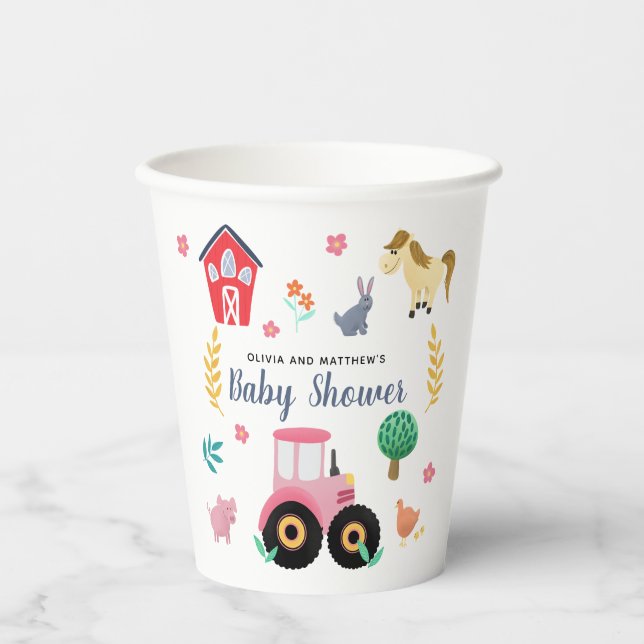 Girls Cute Pink Farm Tractor Baby Shower Paper Cups (Front)