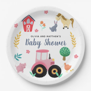 Girls Cute Pink Farm Tractor Baby Shower Paper Plate