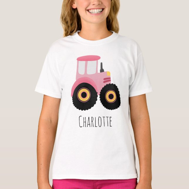 Girls Cute Pink Farm Tractor Cartoon T-Shirt (Front)