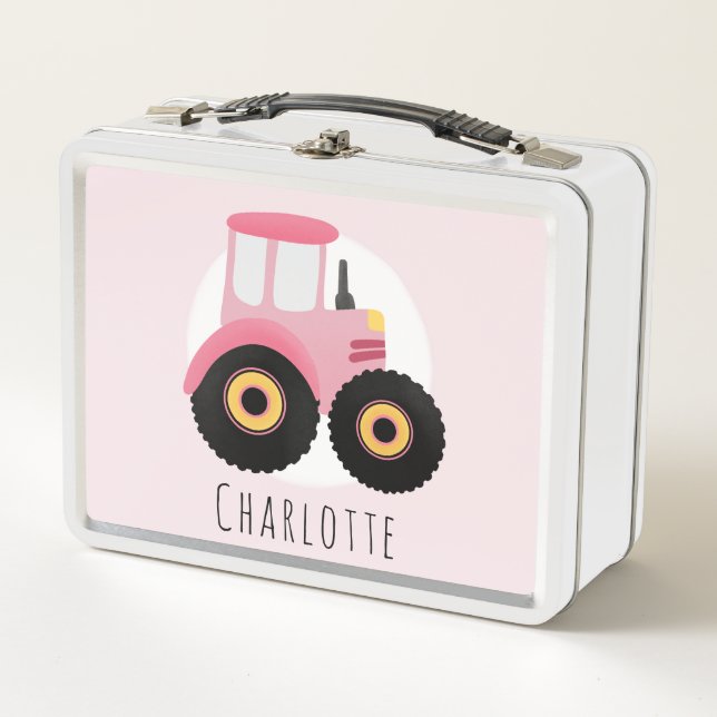 Girls Cute Pink Farm Tractor Kids School Metal Lunch Box (Front)