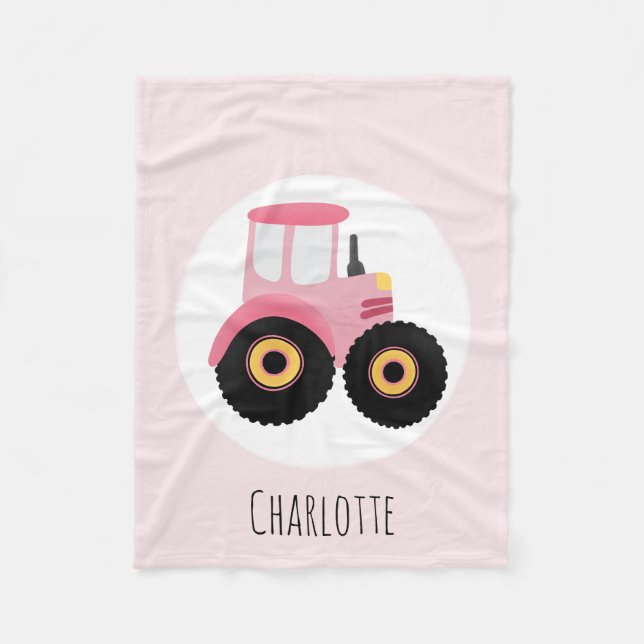 Girls Cute Pink Farm Tractor & Name Kids Fleece Blanket (Front)