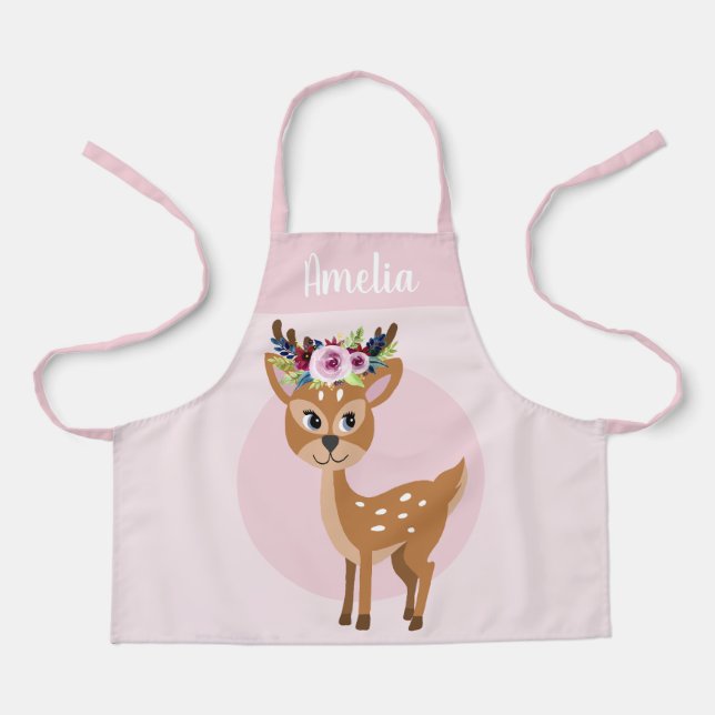 Girls Cute Pink Floral Deer and Flowers Kids Apron (Front)
