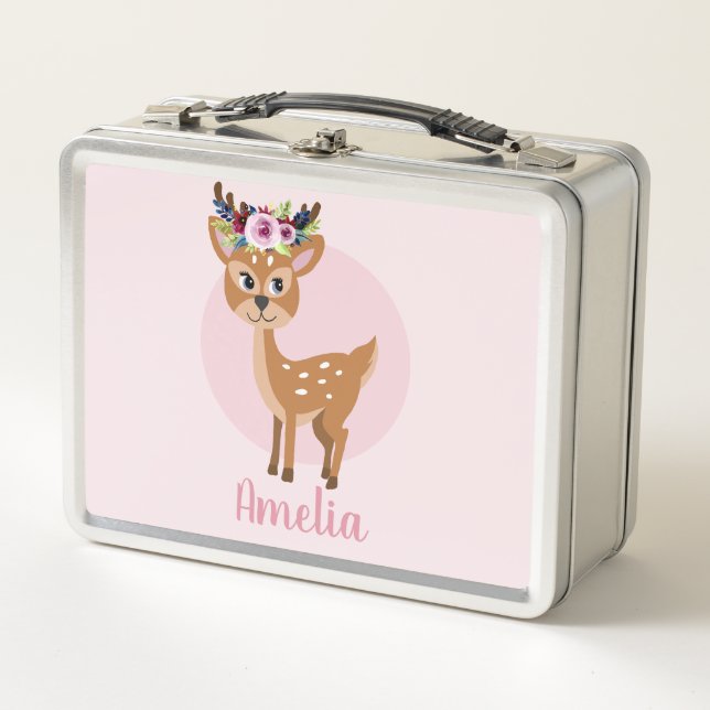 Girls Cute Pink Floral Deer and Flowers Kids Metal Lunch Box (Front)