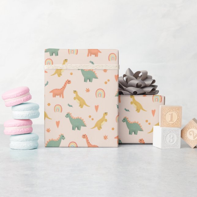 Girls Cute Pink Floral Dinosaur Kids Birthday Wrapping Paper (Baby Shower)