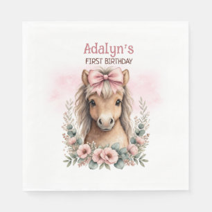Girls Cute Pink Floral Horse 1st Birthday  Napkin