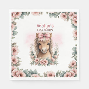 Girls Cute Pink Floral Horse 1st Birthday Napkin