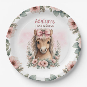 Girls Cute Pink Floral Horse 1st Birthday Paper Plate