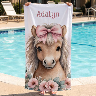 Girls Cute Pink Floral Horse Personalised Name  Beach Towel