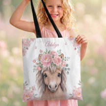 Girls Cute Pink Floral Horse Personalised Name