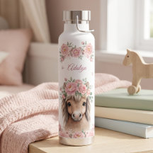 Girls Cute Pink Floral Horse Personalised Name