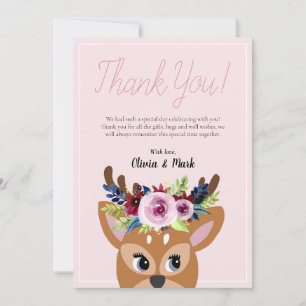 Girls Cute Pink Floral Woodland Deer Baby Shower Thank You Card