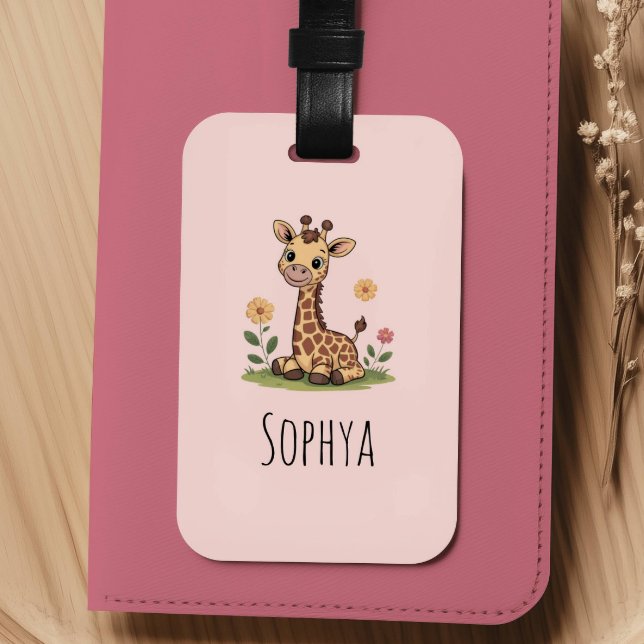 Girls Cute Pink Giraffe Kids Luggage Tag (Creator Uploaded)