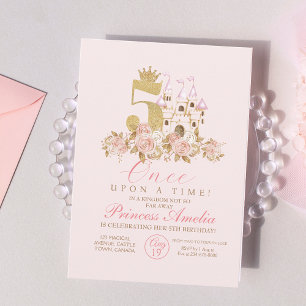 Girls Cute Pink Gold Castle Kids 5th Birthday Invitation