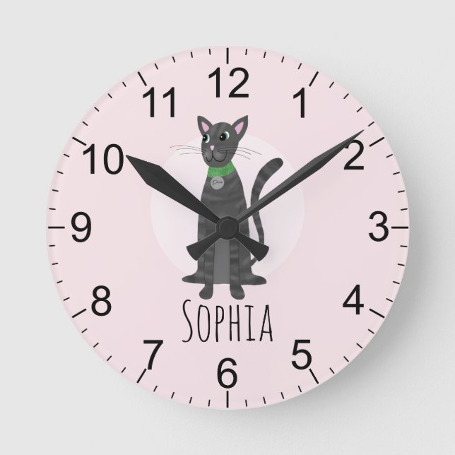 Girls Cute Pink Grey Tabby Cat Kids Nursery Round Clock (Front)