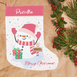 Girls Cute Pink Happy Snowman Northpole Small Christmas Stocking