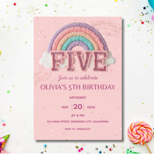 Girls Cute Pink Kids 5th Birthday Invitation