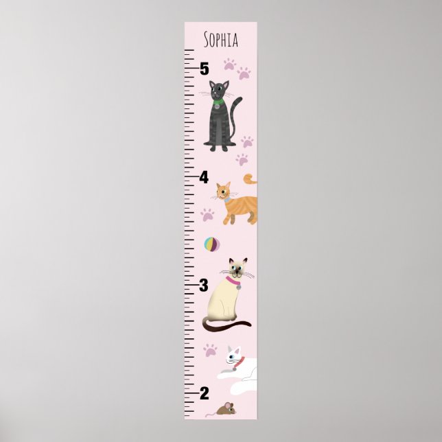 Girls Cute Pink Kitty Cat Cartoon Growth Chart (Front)