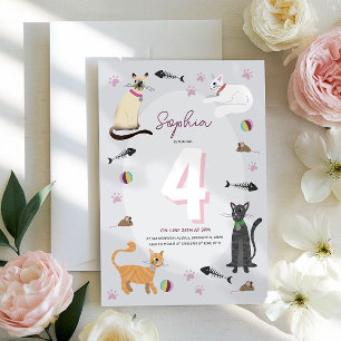 Girls Cute Pink Kitty Cat Kids Birthday Invitation