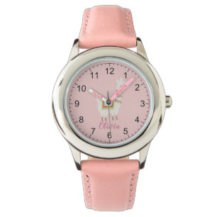 Girls Cute Pink Llama Custom Name Kids Watch