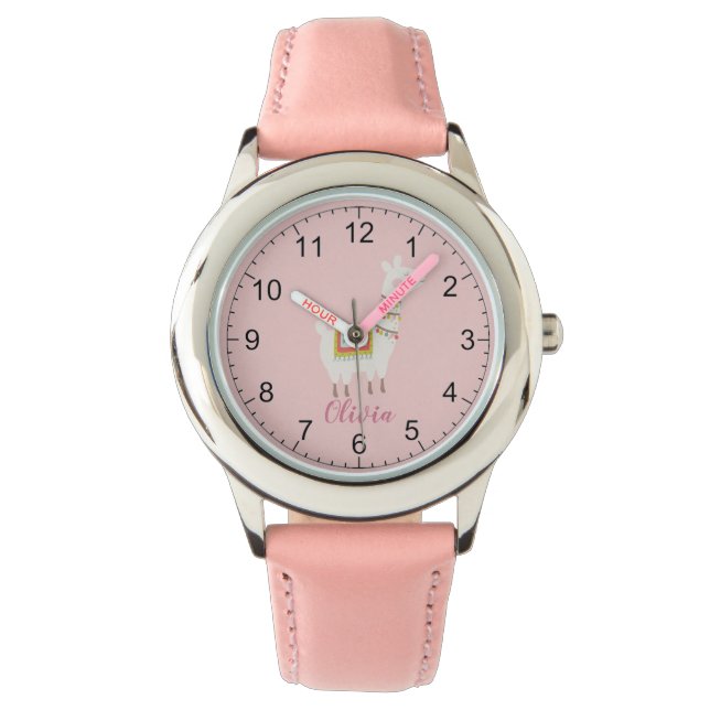 Girls Cute Pink Llama Custom Name Kids Watch (Front)
