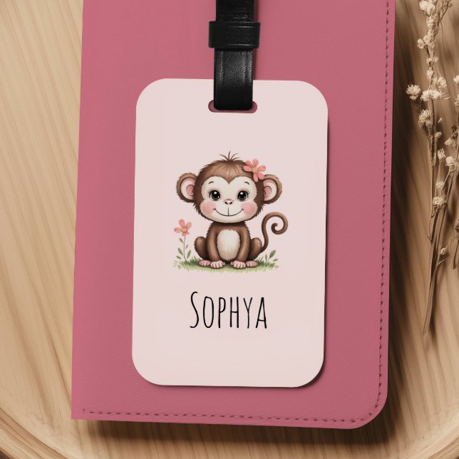 Girls Cute Pink Monkey Kids Luggage Tag (Creator Uploaded)