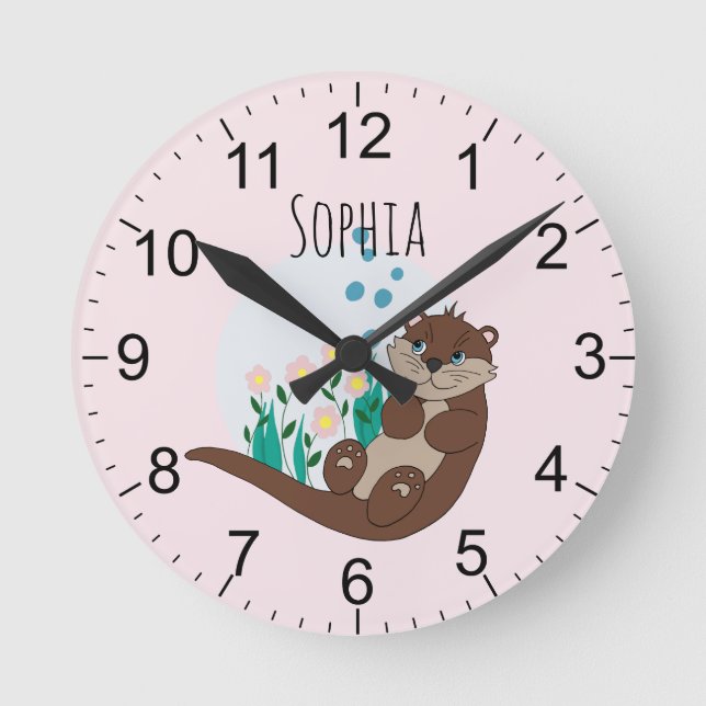 Girls Cute Pink Otter Flowers and Name Kids Round Clock (Front)