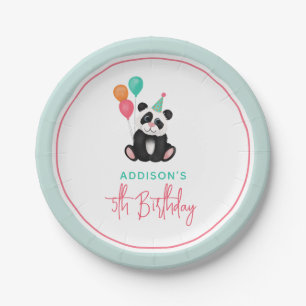 Girls Cute Pink Panda Bear 5th Birthday Party Paper Plate