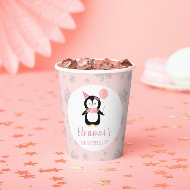 Girls Cute Pink Penguin Winter Kids Birthday Paper Cups (Insitu)