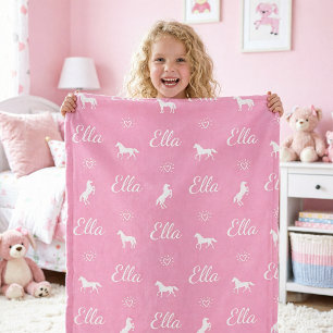 Girls Cute Pink Personalised Name Horse Fleece Blanket