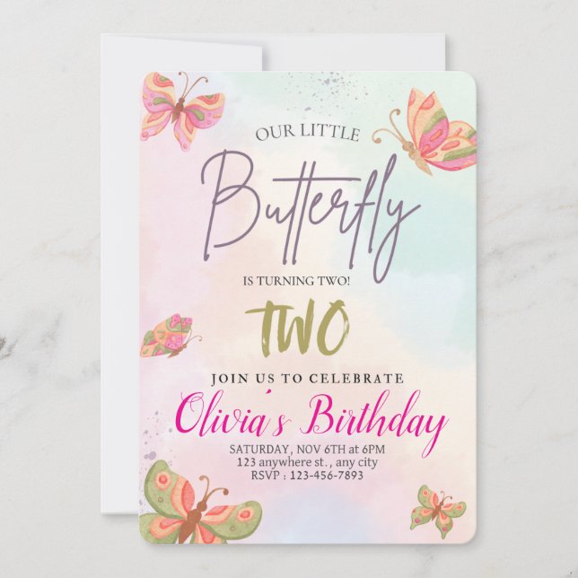 Girls Cute Pink Purple Butterfly Kids 2nd Birthday Invitation (Front)
