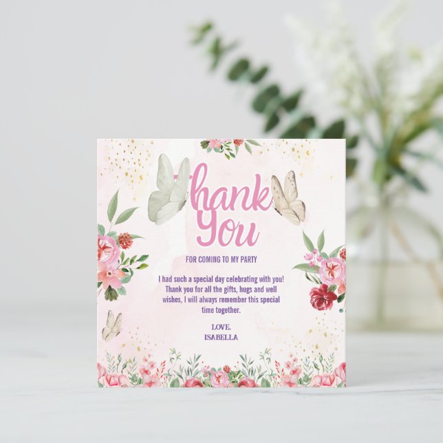 Girls Cute Pink Purple Butterfly Kids Birthday Thank You Card (Standing Front)