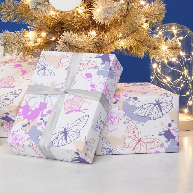 Girls Cute Pink Purple Butterfly Kids  Wrapping Paper (Holidays)
