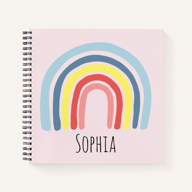 Girls Cute Pink Rainbow and Name Kids Notebook (Front)