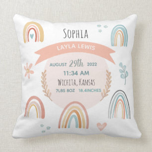 Girls Cute Pink Rainbow Birth Stats Baby Nursery Cushion
