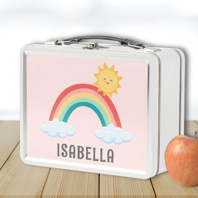 Girls Cute Pink Rainbow Kids Personalised Metal Lunch Box (Cute Custom Name Lunchbox for girls with rainbow and sun)